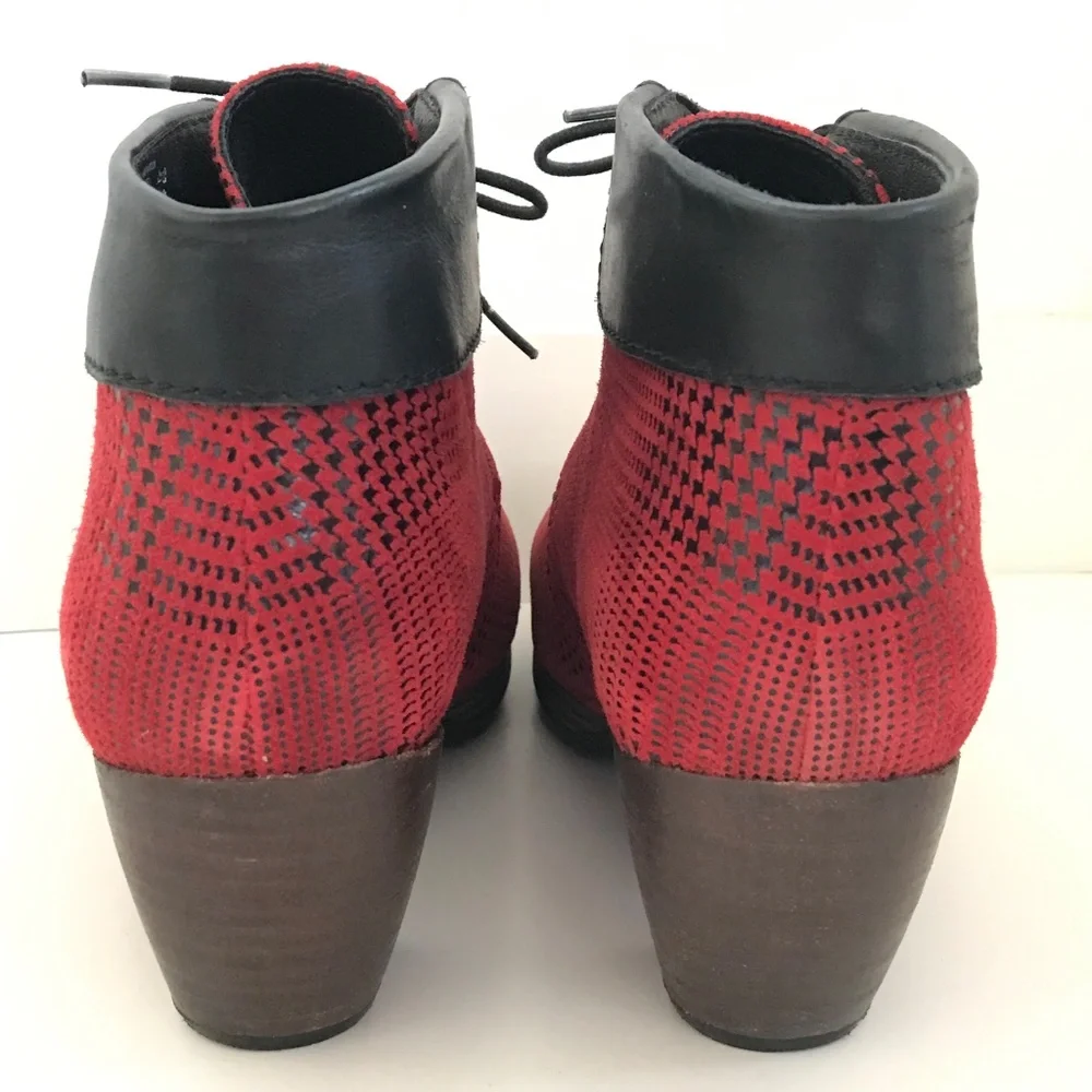WOLKY Suede Lace-Up Booties Red Black Jacquerie Heeled Boots Women’s Size 9.5